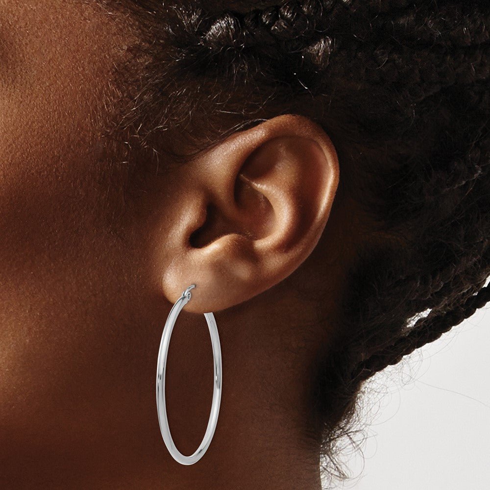 14KT White Gold Polished 2x40mm Lightweight Tube Hoop Earrings - Chapel Hills Jewelry