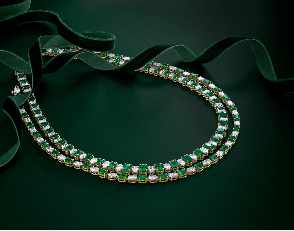 Alternating Oval - cut Diamonds and Green Emeralds Necklace - Chapel Hills Jewelry