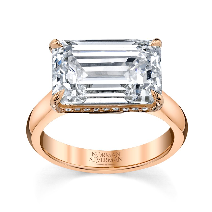 East West Diamond Ring with Emerald Cut Center and Hidden Halo - Chapel Hills Jewelry