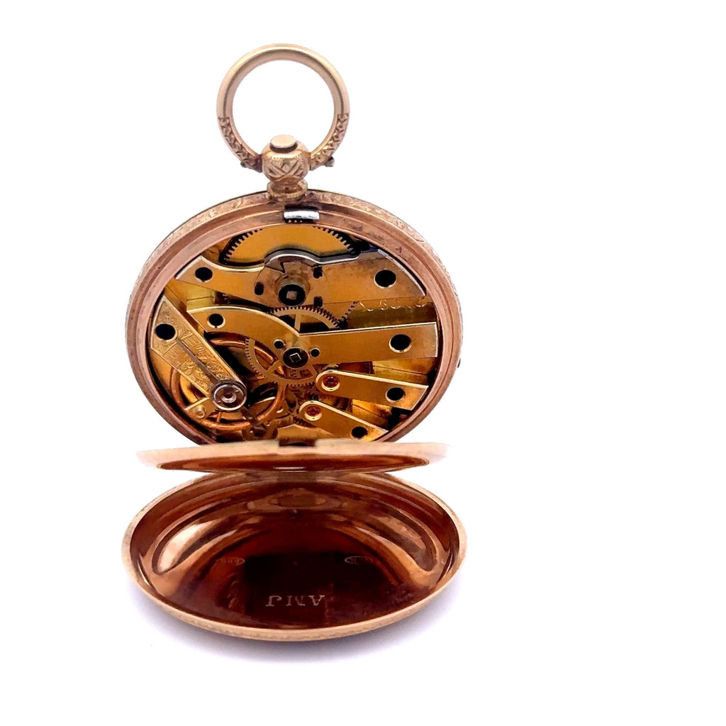Unique 18K Hand Engraved Key Wind Pocket Watch w/ Hand Engraved Solid Gold Dial - Chapel Hills Jewelry